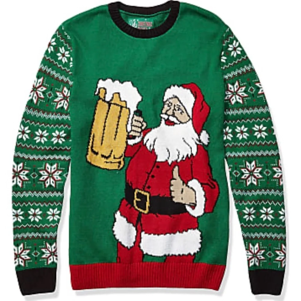 Men’s Ugly Christmas Sweater Beer Santa Holiday Party Crewneck Green NWT S